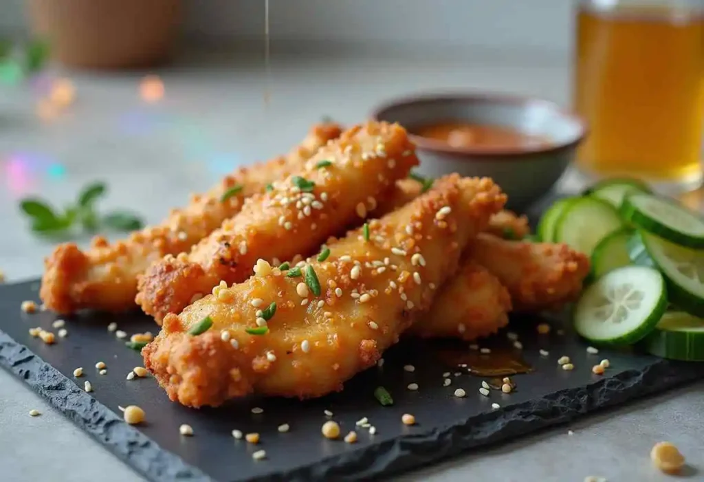 Recipe process for hot honey chicken tenders: crispy fried chicken tenders coated in a sweet and spicy hot honey glaze, served fresh and ready to enjoy.

