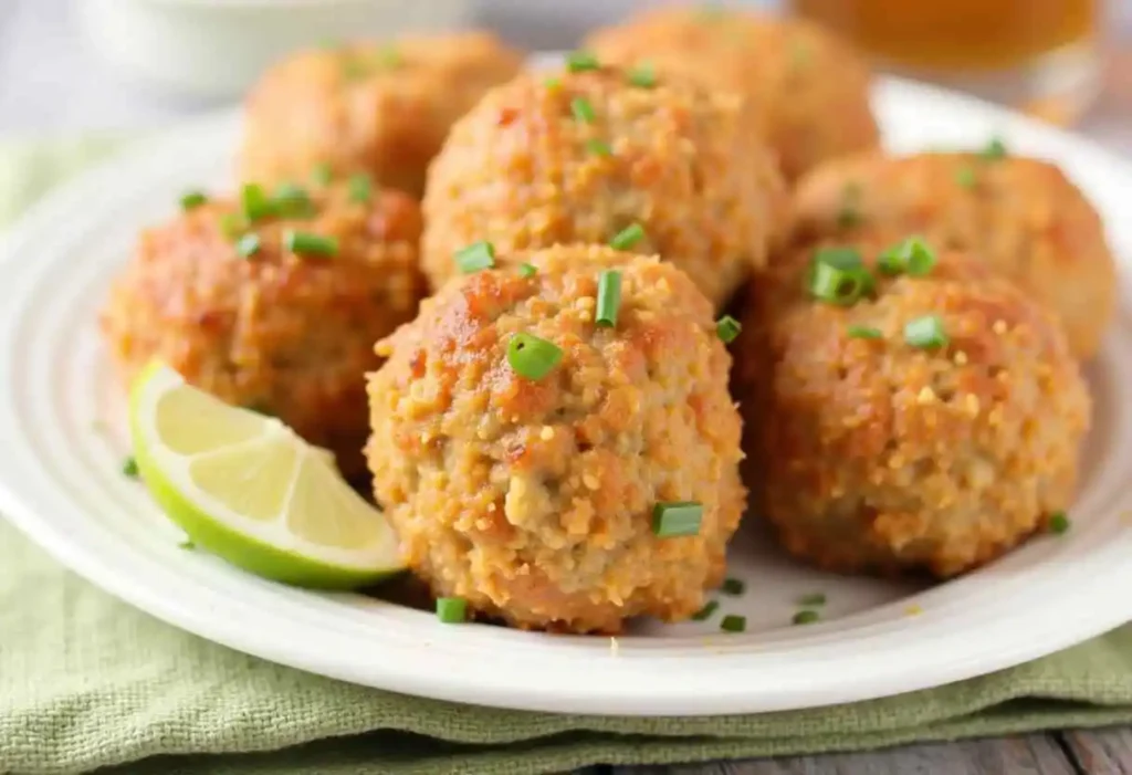 Homemade crispy crab balls served with lemon wedges and dipping sauces.