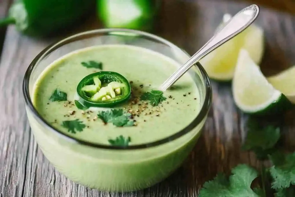 A bowl of creamy, spicy cream of jalapeno soup with a rich texture and vibrant green garnish.