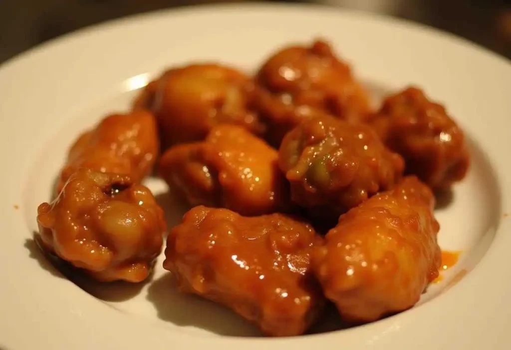 Close-up of crispy sweet and sour chicken wings with a glossy tangy sauce