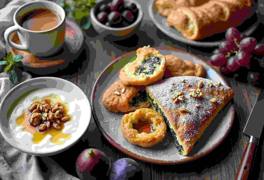 Authentic Greek breakfast spread with Greek yogurt, honey, walnuts, Spanakopita, Bougatsa pastries, Tsoureki bread, Kalamata olives, and Greek coffee on a rustic wooden table."