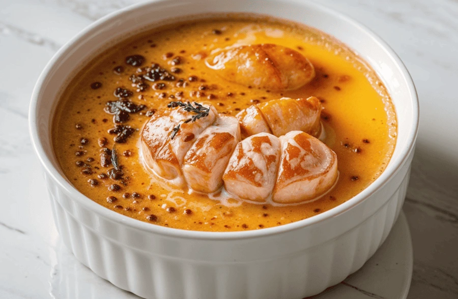 Enjoy Crab Brûlée topped with golden caramelized sugar and garnished with fresh herbs. This rich and elegant seafood dessert is a perfect treat for any special occasion.