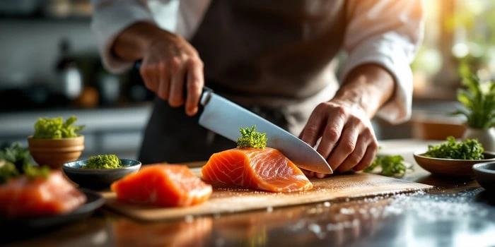 Step-by-step guide to making salmon sashimi at home, showing the preparation and slicing of fresh salmon for sashimi.