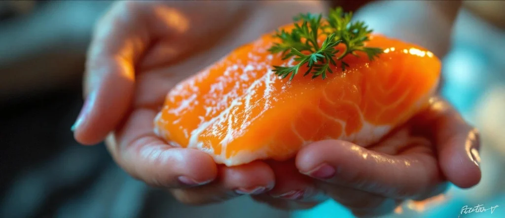 Salmon sashimi on a plate with fresh slices of raw salmon, garnished with wasabi and pickled ginger, highlighting its health benefits