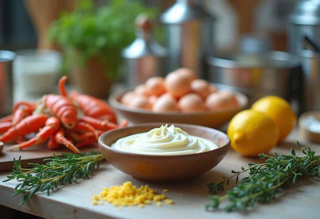 Ingredients for Crab Brûlée including fresh crab meat, butter, eggs, heavy cream, herbs, and seasonings.

