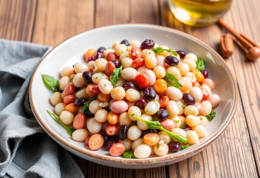 Healthy bean salad recipe with beans, vegetables, and dressing.