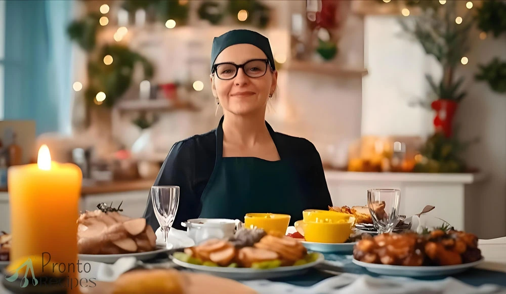 A festive Christmas dinner table featuring a roasted turkey, traditional sides, and Christmas desserts, with holiday decorations in the background.