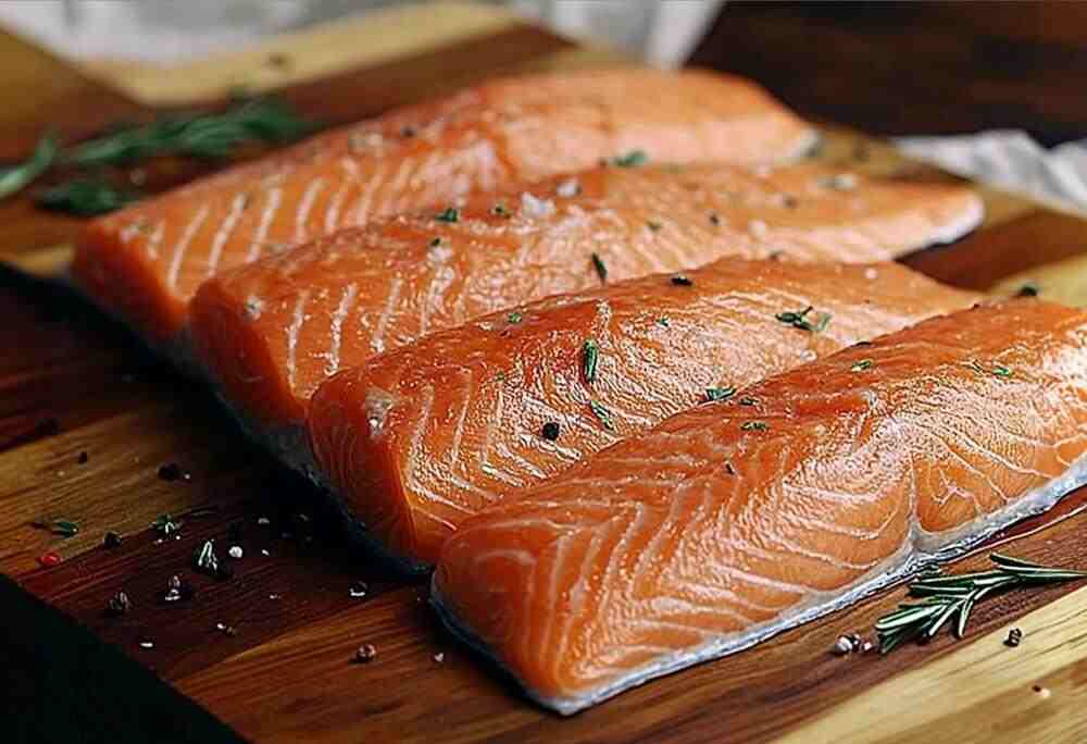 Fresh wild-caught salmon fillet on a cutting board.