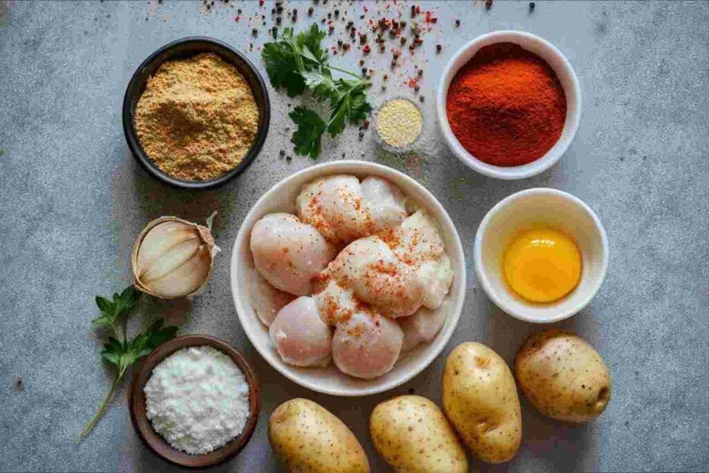 Ingredients for chicken tenders and fries, including chicken breast, potatoes, breadcrumbs, flour, eggs, and seasonings, ready for preparation
