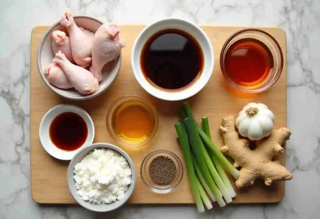 Ingredients for sweet and sour chicken wings including chicken, vinegar, ketchup, soy sauce, garlic, and ginger.