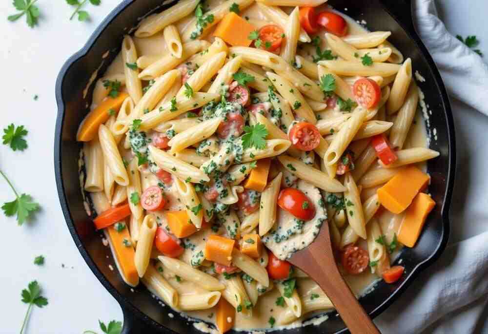 Creamy and spicy Rattlesnake Pasta served in a white bowl with chicken and jalapeños