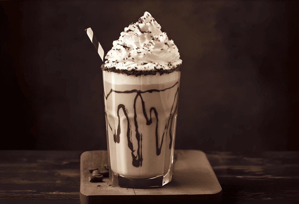 Homemade Mocha Cookie Crumble Frappuccino topped with whipped cream, chocolate drizzle, and cookie crumbles in a glass.