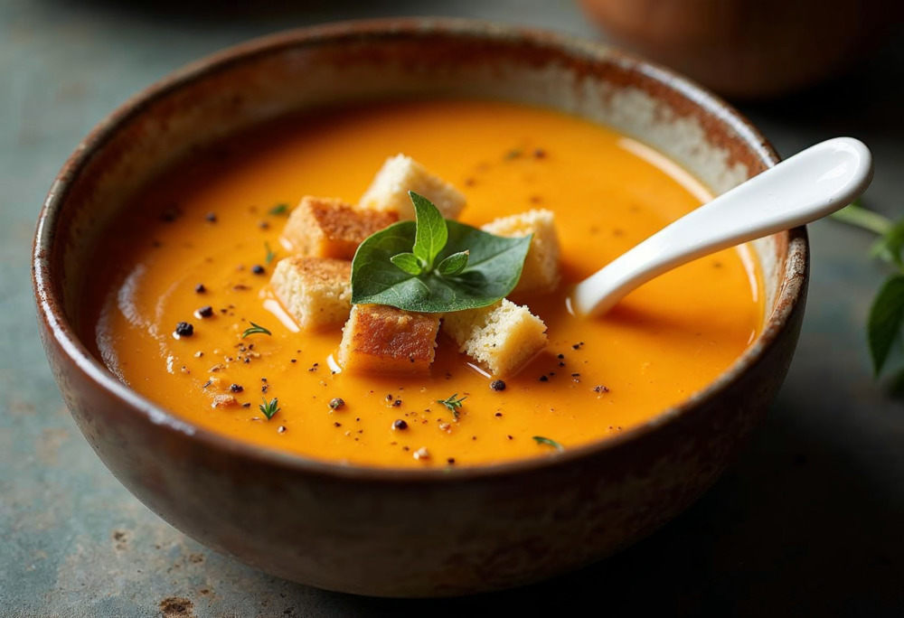 A bowl of creamy butternut apple soup garnished with toasted pumpkin seeds and fresh thyme, served with a side of crusty bread.