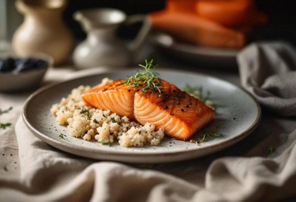 Perfectly cooked salmon belly slices garnished with fresh herbs and lemon slices on a plate.