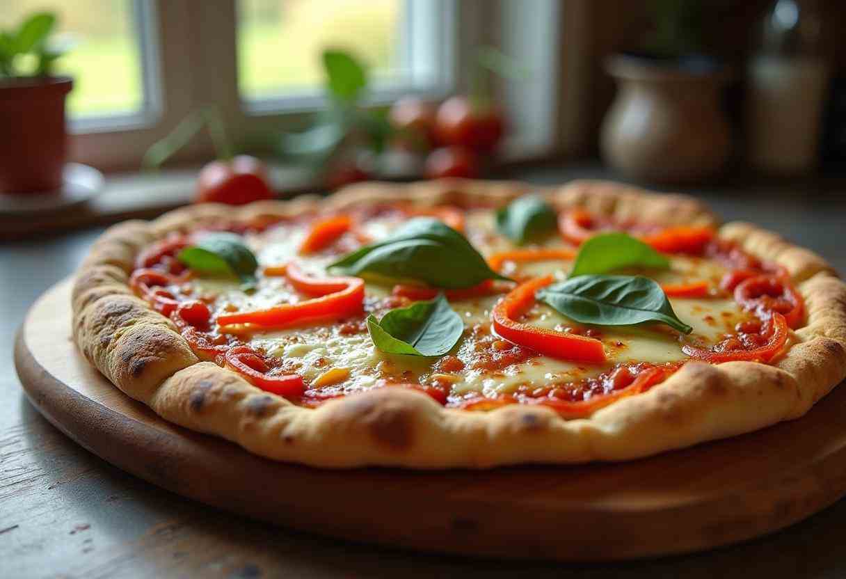 A freshly baked lavash bread pizza topped with mozzarella, tomatoes, and fresh basil on a wooden cutting board.