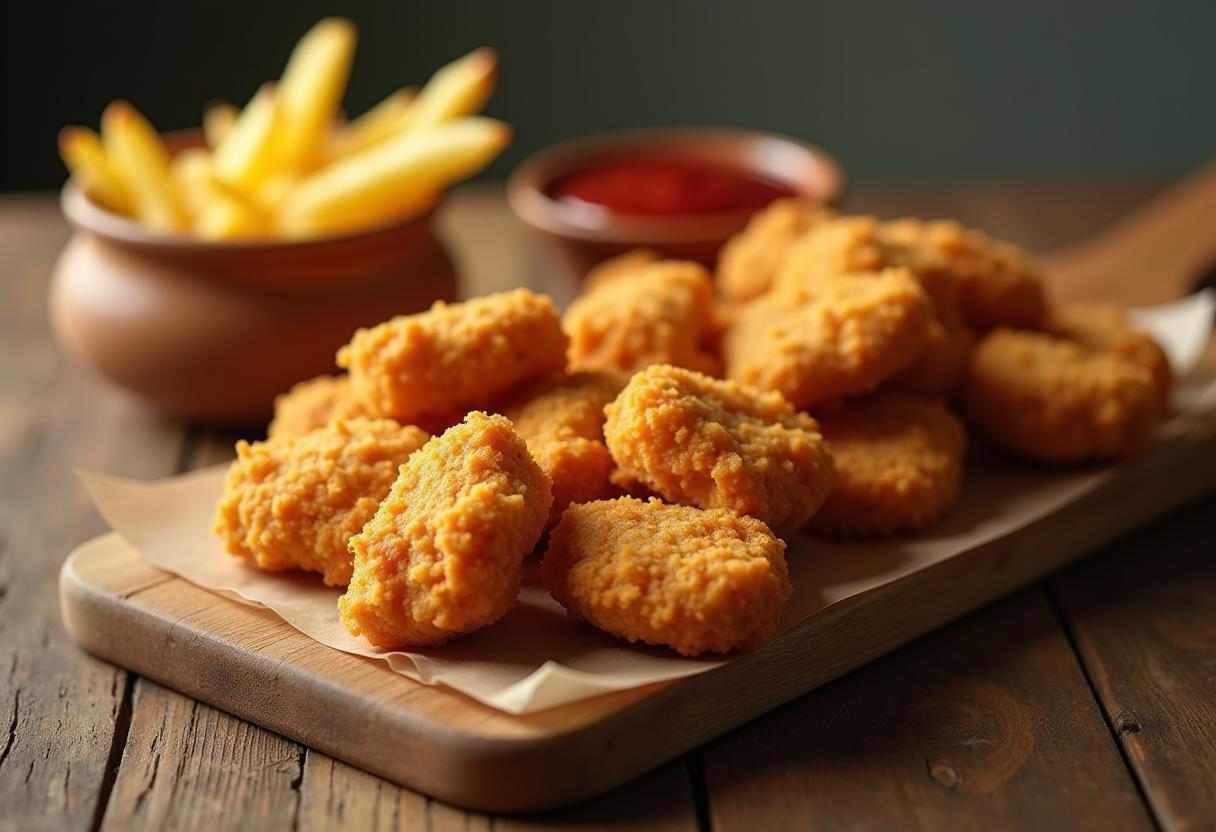 Ingredients for crispy chicken nuggets and fries, including chicken breast, potatoes, breadcrumbs, and seasonings.