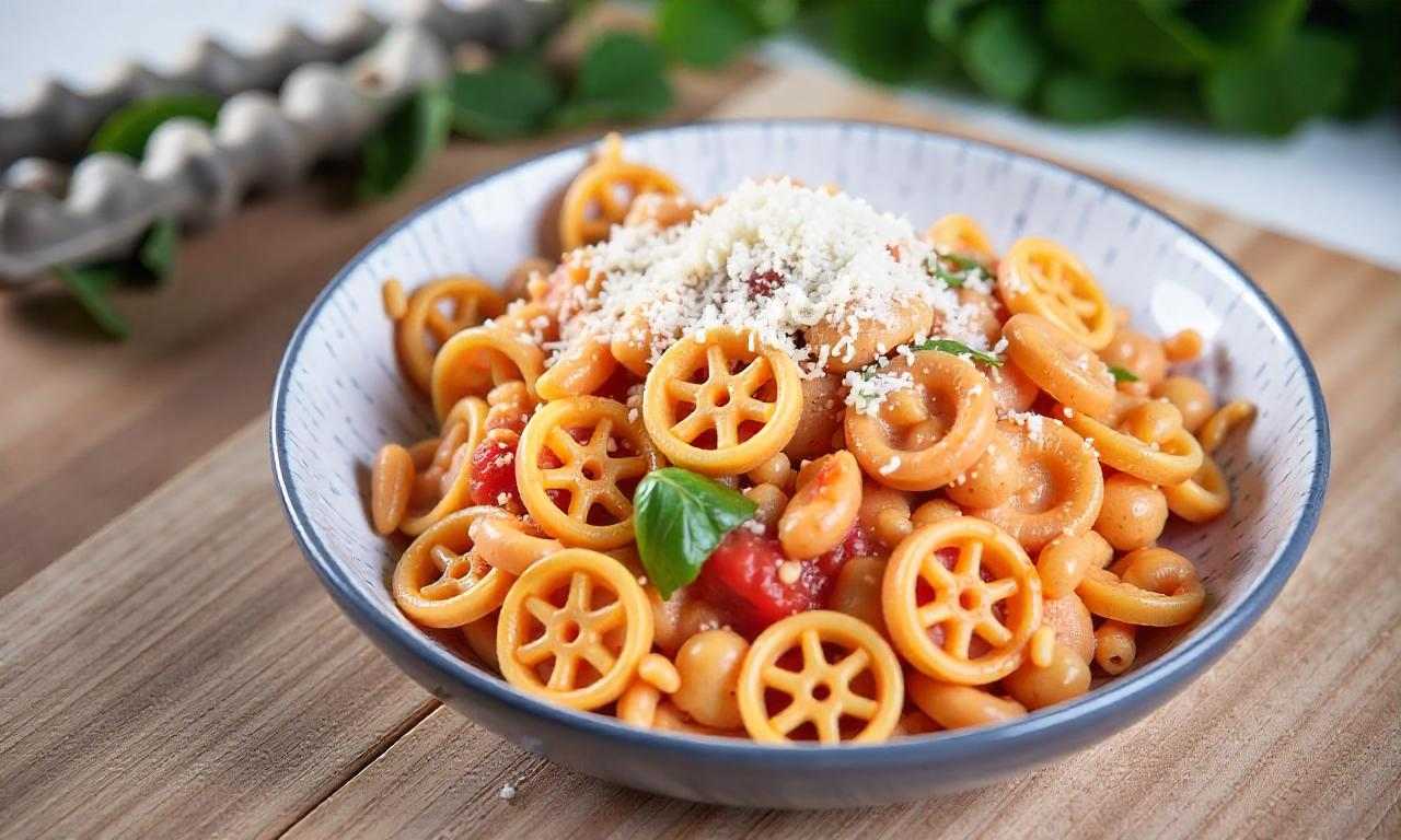 Delicious wagon wheel pasta with tomato sauce and cheese, perfect for a family meal.