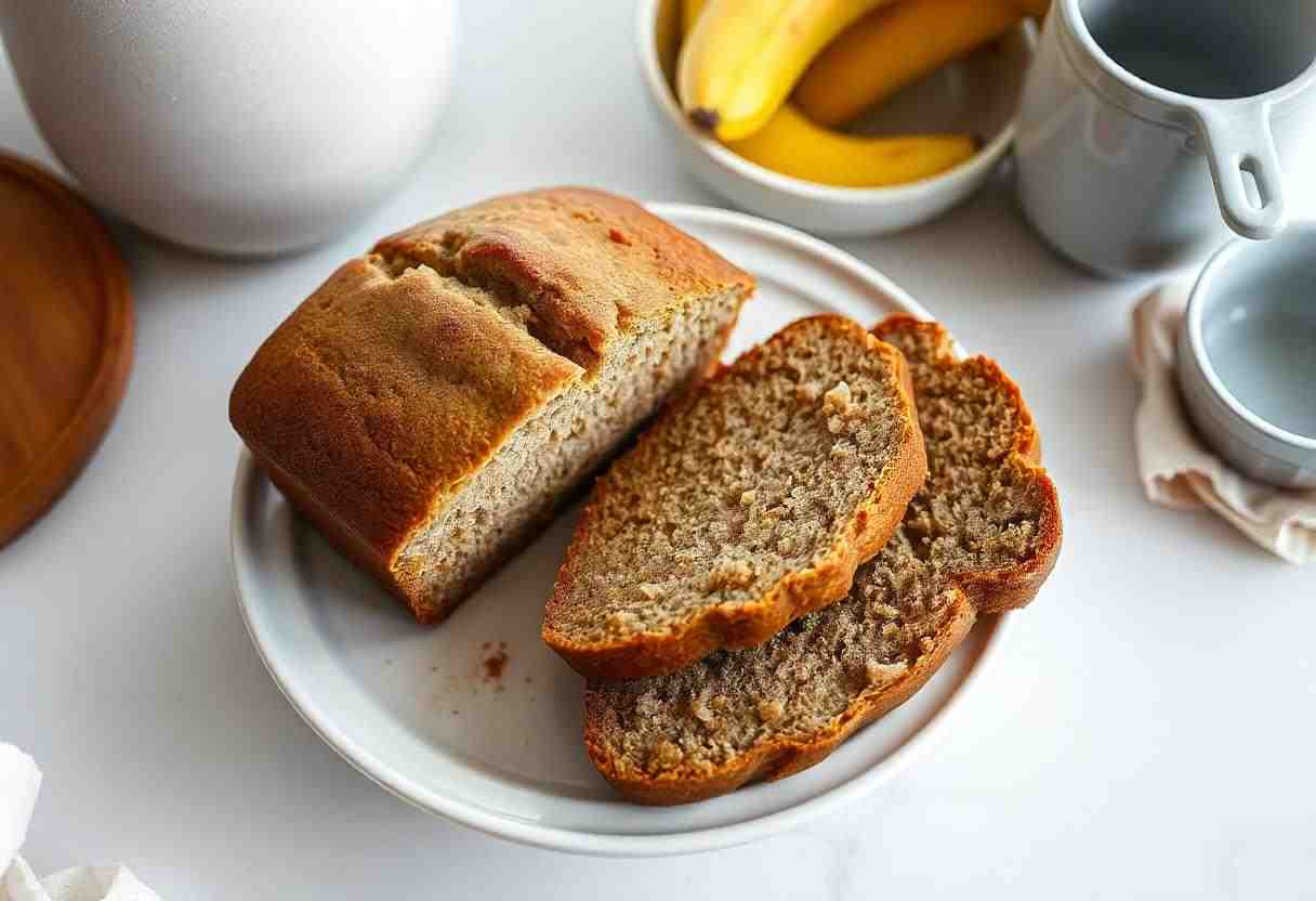 4 ingredient banana bread fresh out of the oven, sliced and served on a plate.