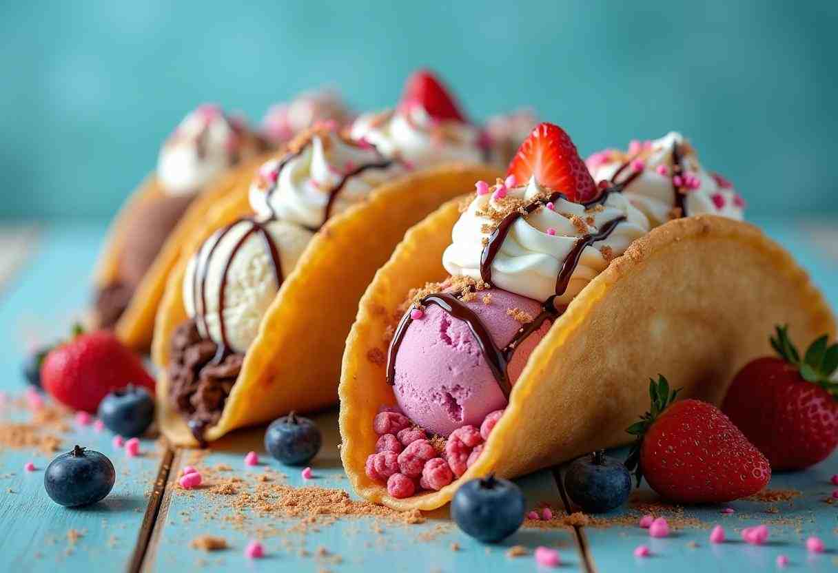 Golden brown dessert taco shells filled with ice cream, topped with whipped cream, chocolate syrup, and sprinkles, surrounded by fresh berries.