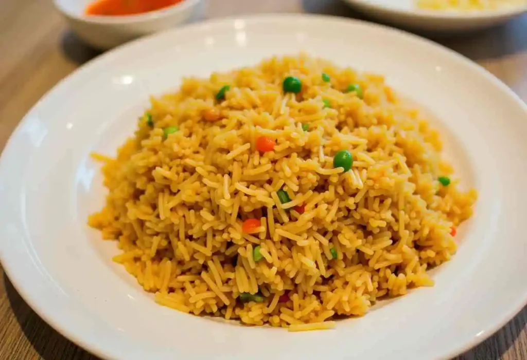 Delicious fried rice with mixed vegetables, scrambled eggs, and soy sauce served in a bowl.