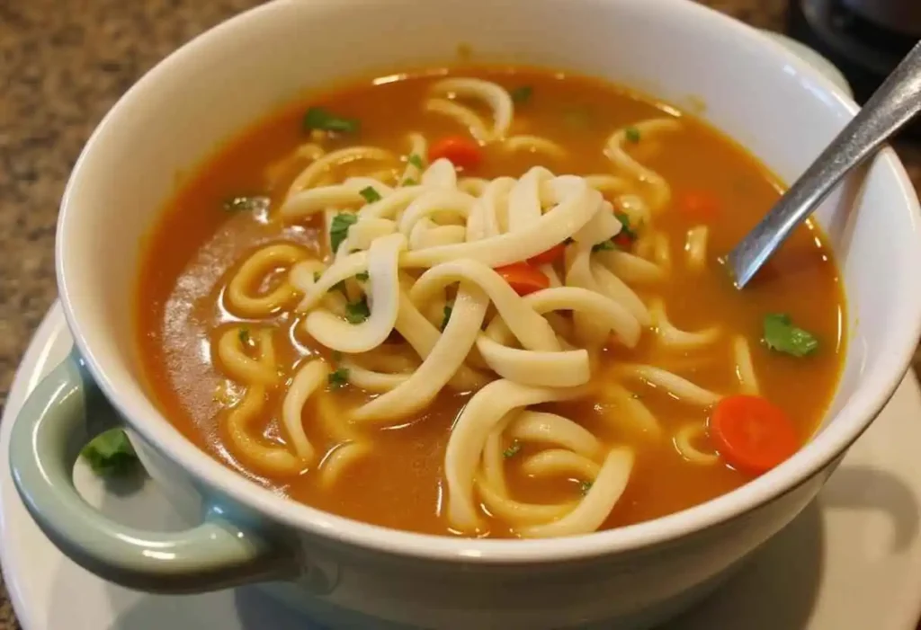 A creamy bowl of crack chicken noodle soup with egg noodles, shredded chicken, and garnished with fresh parsley.