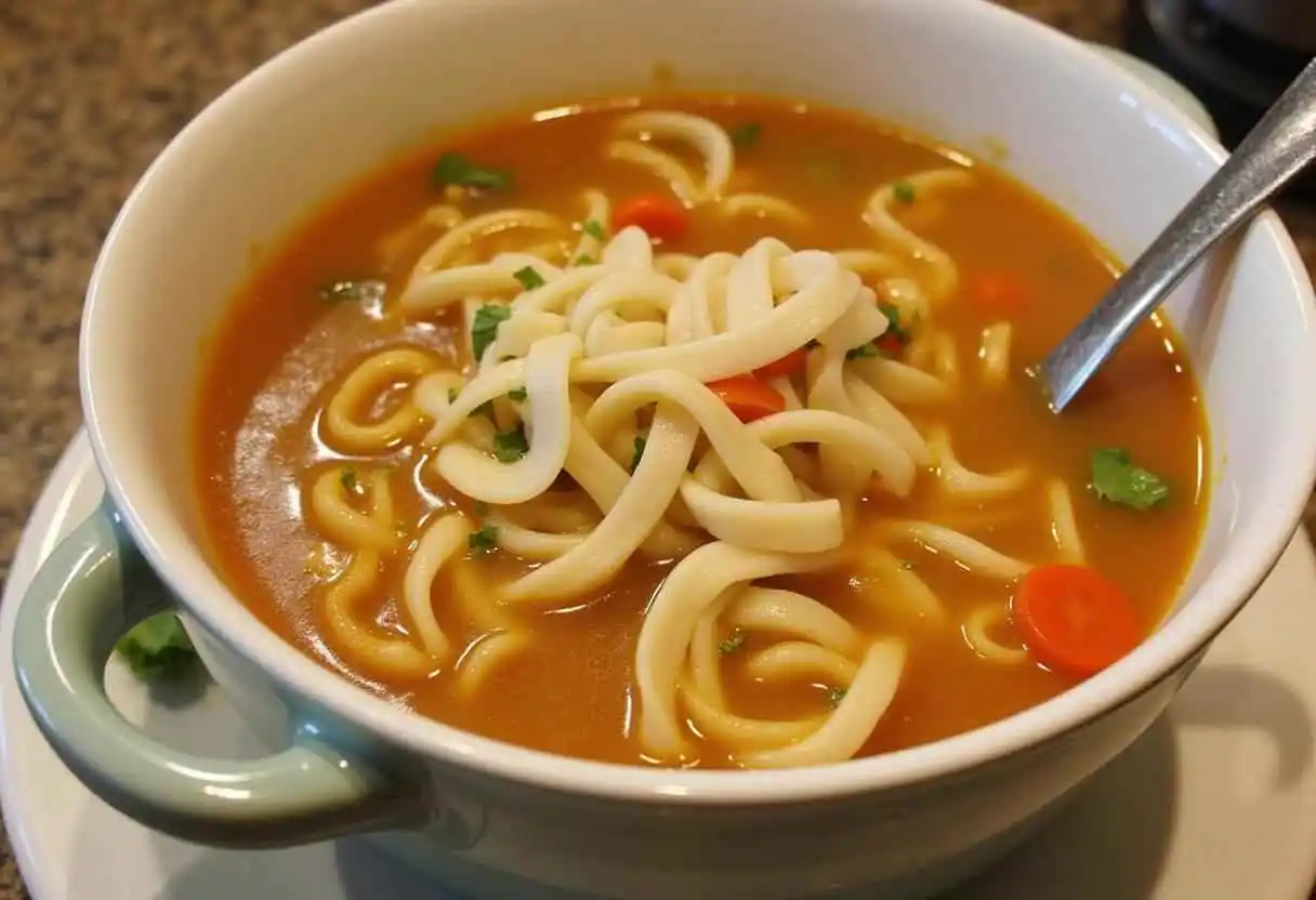 A creamy bowl of crack chicken noodle soup with egg noodles, shredded chicken, and garnished with fresh parsley.