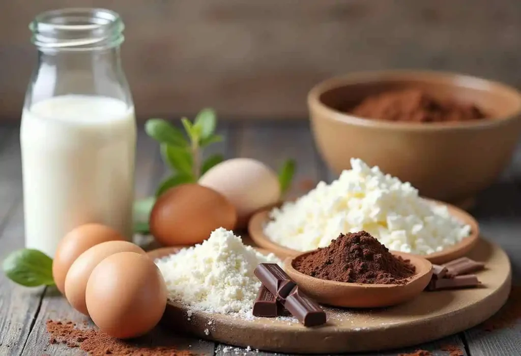 All ingredients for cottage cheese brownies, including cottage cheese, cocoa powder, flour, sugar, eggs, baking powder, vanilla extract, butter, and chocolate chips.