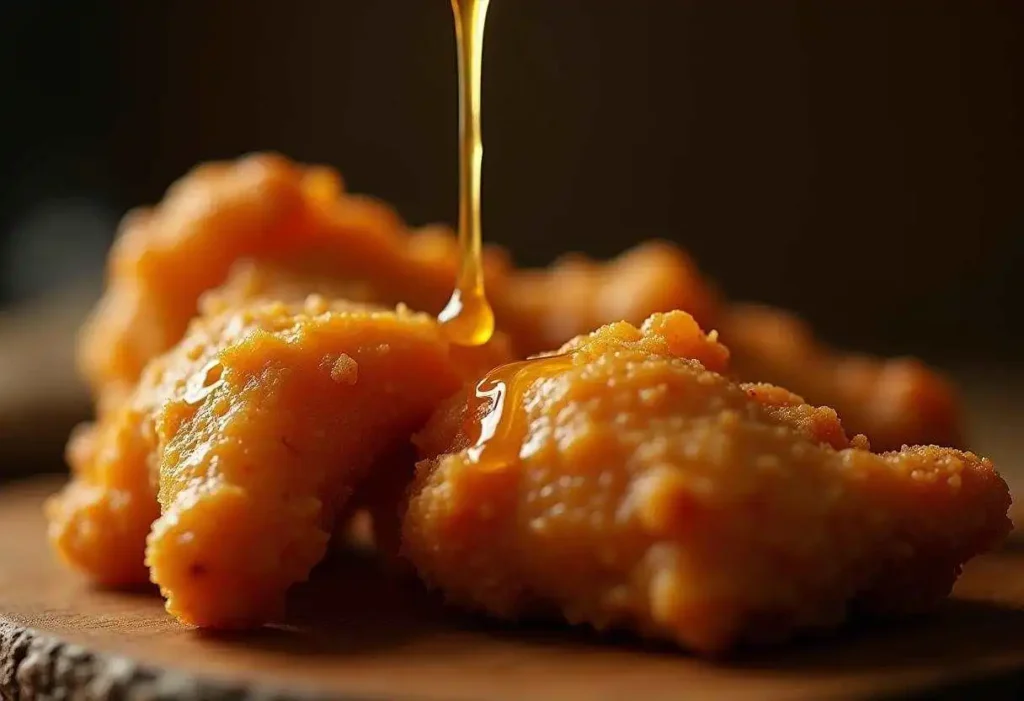 Crispy hot honey chicken tenders drizzled with golden sweet and spicy glaze, garnished with parsley and sesame seeds.