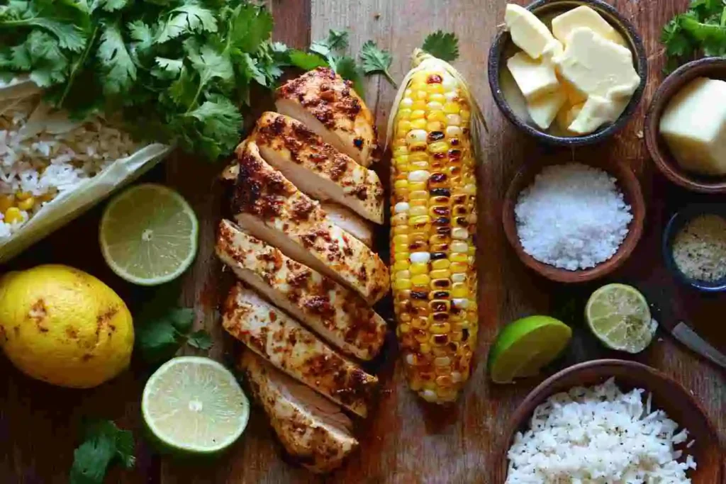 Ingredients for Street Corn Chicken Rice Bowl: grilled chicken, street corn (elote), rice, mayo, cotija cheese, chili powder, lime, cilantro, and seasonings.