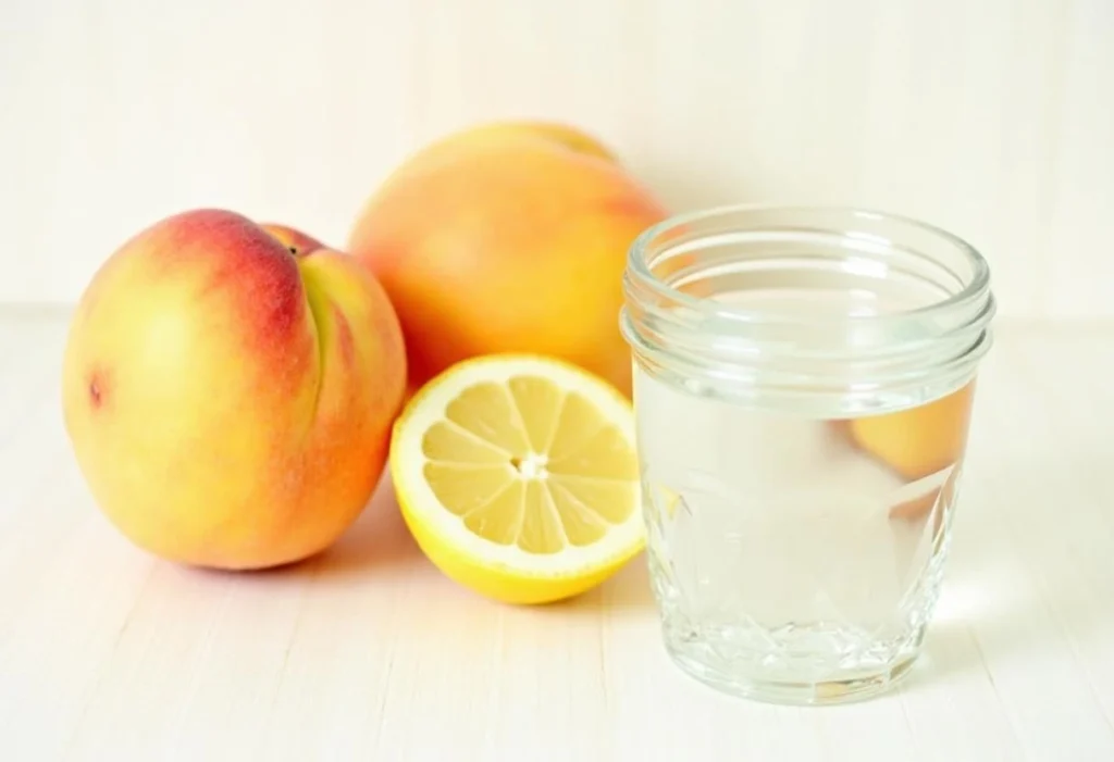 Ingredients for homemade peach juice: fresh peaches, sugar, and lemon juice on a wooden cutting board.