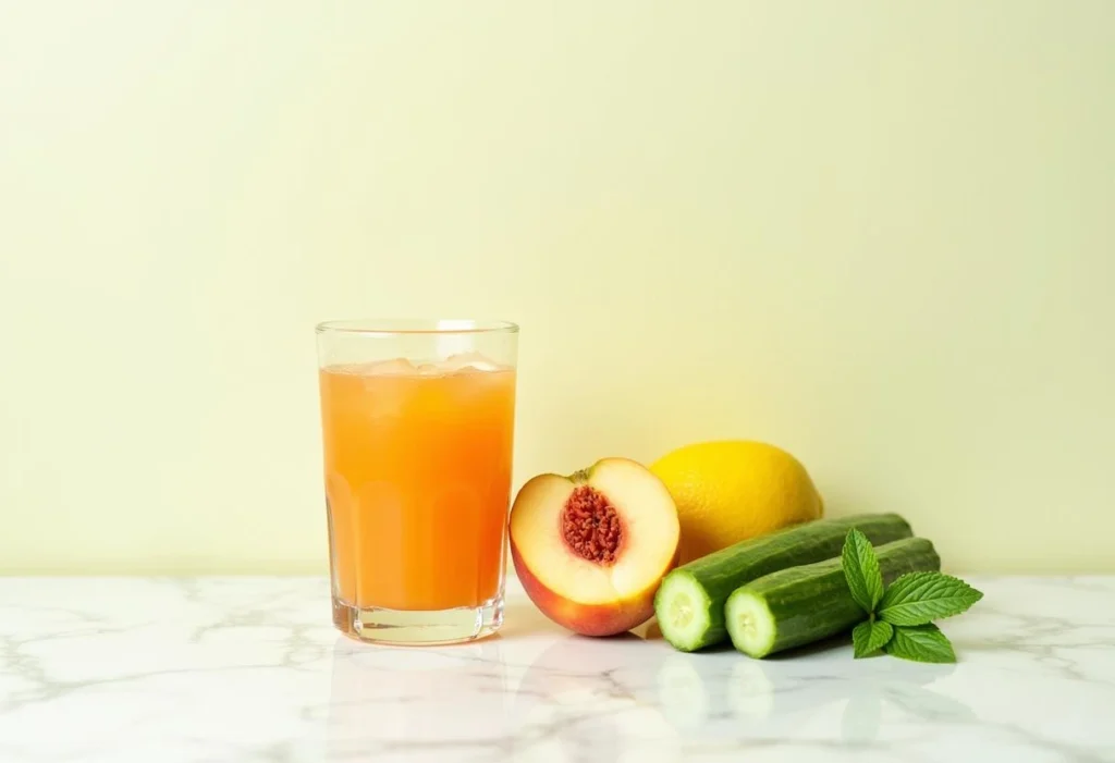 Refreshing peach detox drink made with peach juice, cucumber, mint, and lemon served in a glass.
