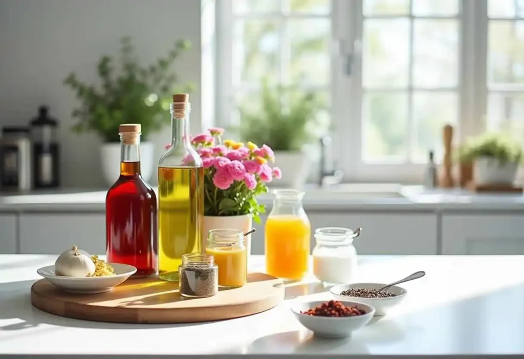 Fresh ingredients for New Orleans soaked salad dressing, including olive oil, red wine vinegar, garlic, and spices arranged on a wooden countertop.