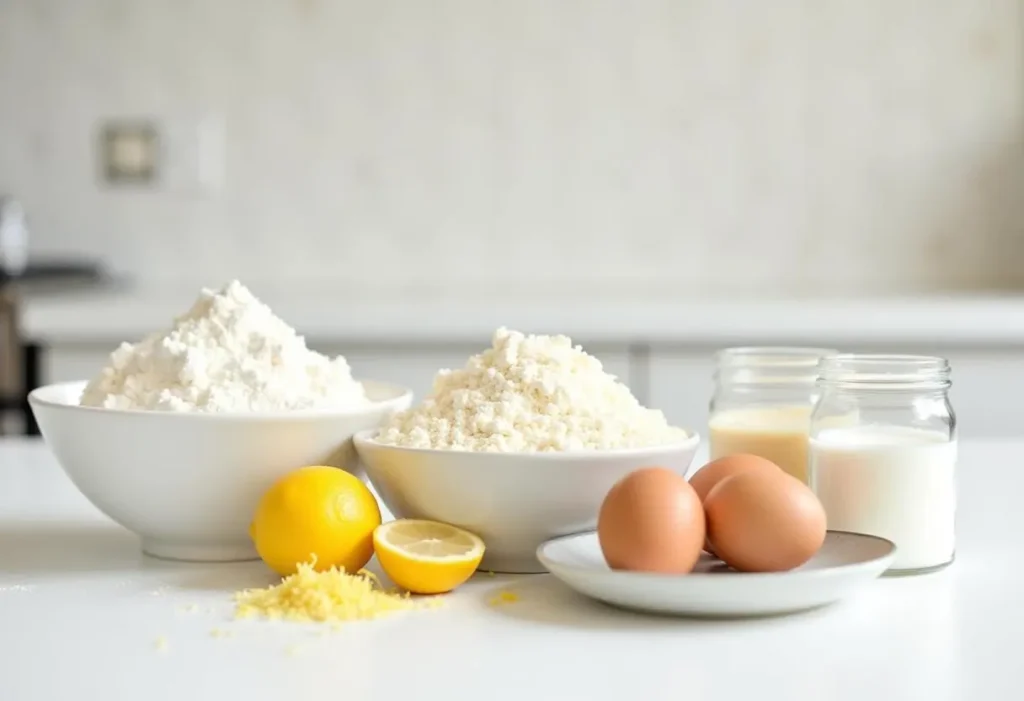Ingredients for Madeline cookies recipe using cream, including flour, sugar, eggs, butter, heavy cream, and vanilla extract.