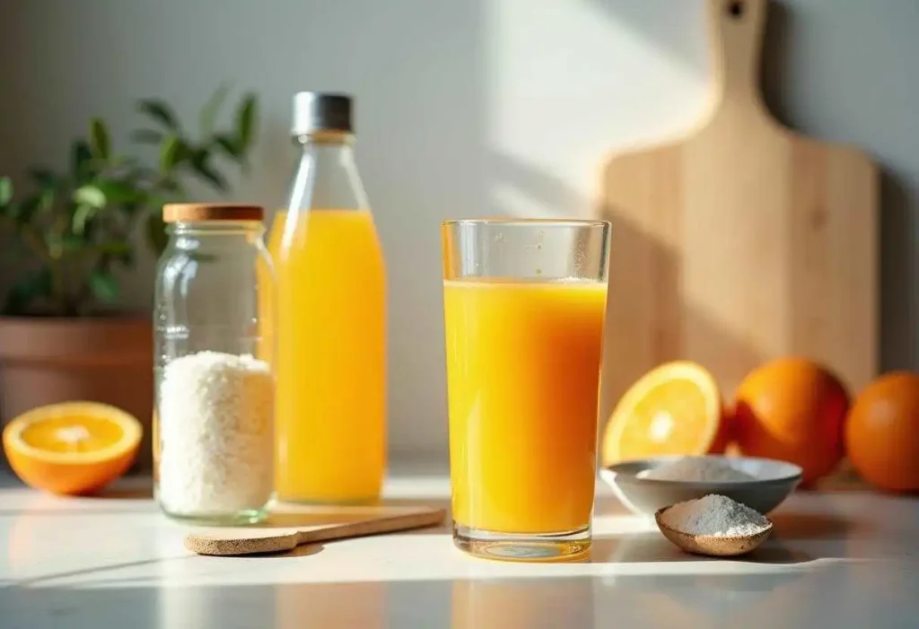 Ingredients for adrenal cocktail recipe, including orange juice, coconut water, sea salt, and cream of tartar