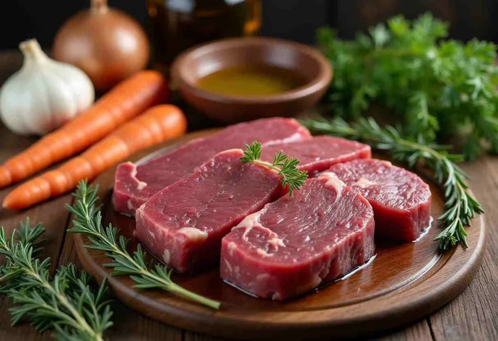 Raw beef cheeks with vegetables, herbs, and broth ingredients for cooking.