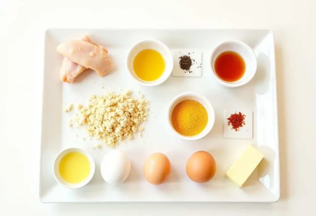 All ingredients for hot honey chicken tenders neatly arranged: raw chicken tenders, buttermilk, breadcrumbs, honey, hot sauce, spices, and eggs.