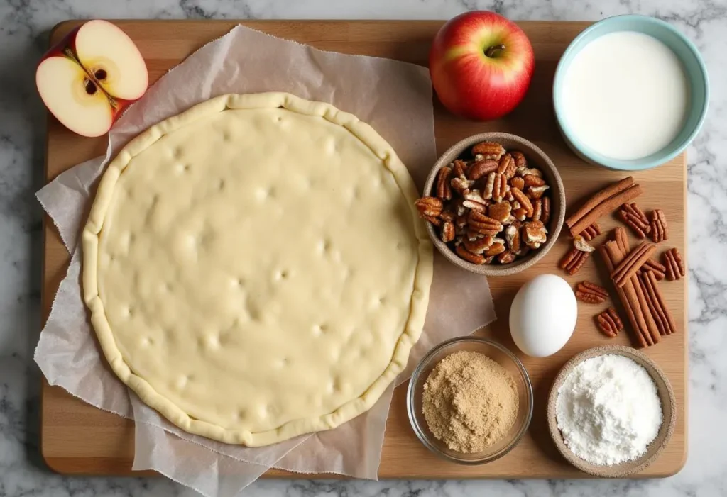 Ingredients for apple and pecan Danish pastry tart, including puff pastry, apples, pecans, brown sugar, butter, cinnamon, vanilla, and egg.