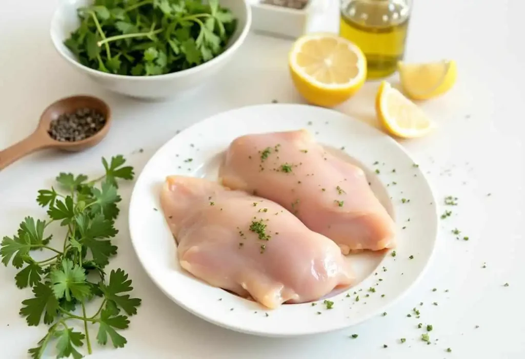 Ingredients for Hot Tarragon Chicken Salad neatly arranged, including chicken, fresh tarragon, Dijon mustard, and mayonnaise