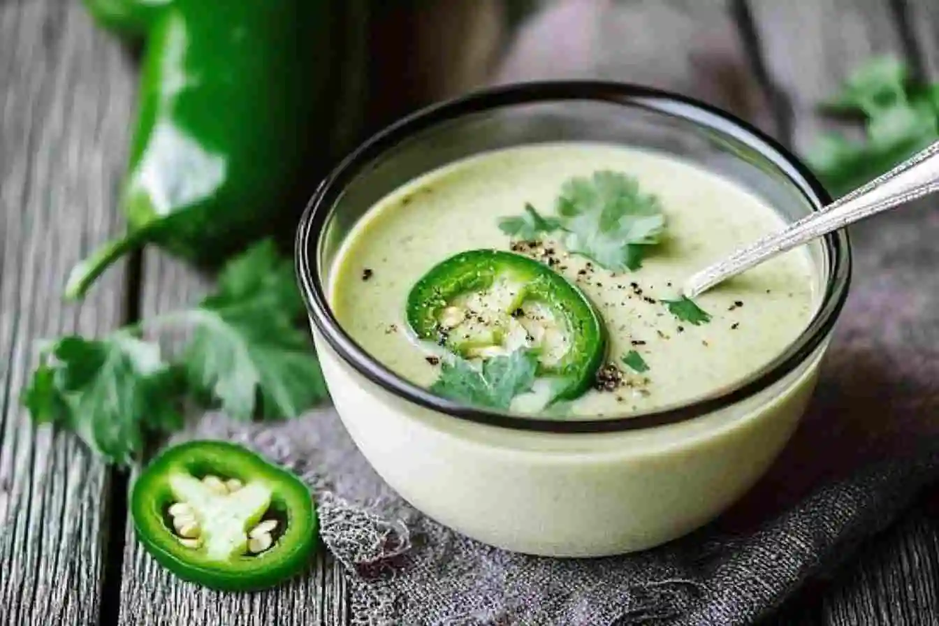 Cream of jalapeno soup in a bowl with a garnish of fresh cilantro and sliced jalapenos