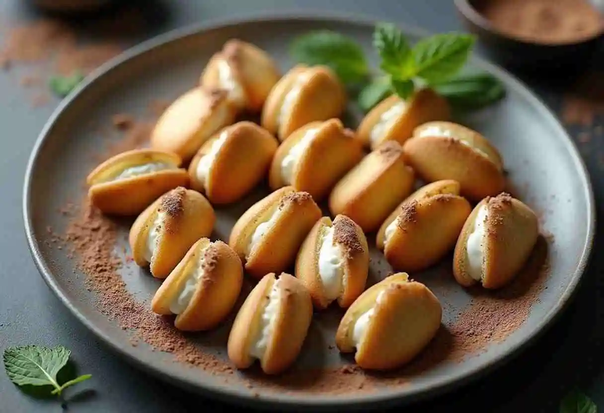 Soft and buttery Madeline cookies made with cream, freshly baked and dusted with powdered sugar.