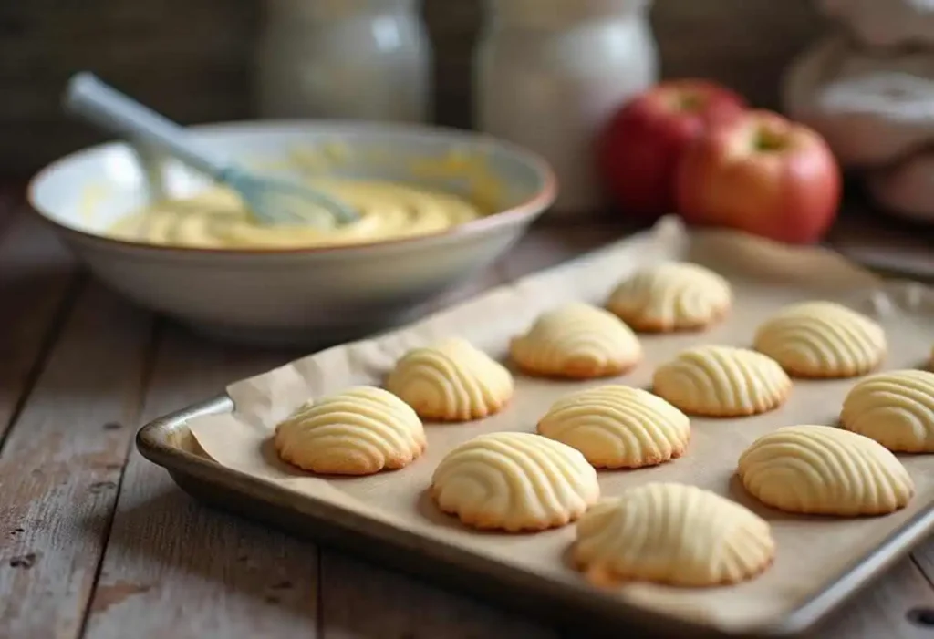 Step-by-step process for making Madeline cookies using cream, including whisking, chilling the batter, and baking to perfection.