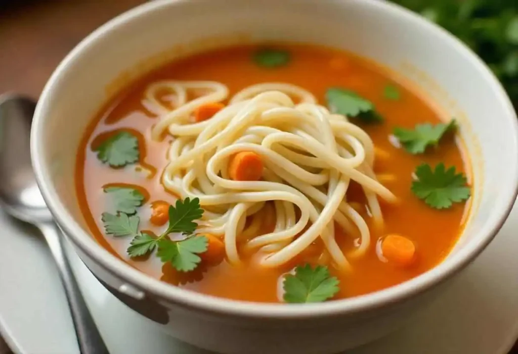 A hearty bowl of crack chicken noodle soup with tender chicken, egg noodles, and a rich, creamy broth, topped with parsley and shredded cheese.