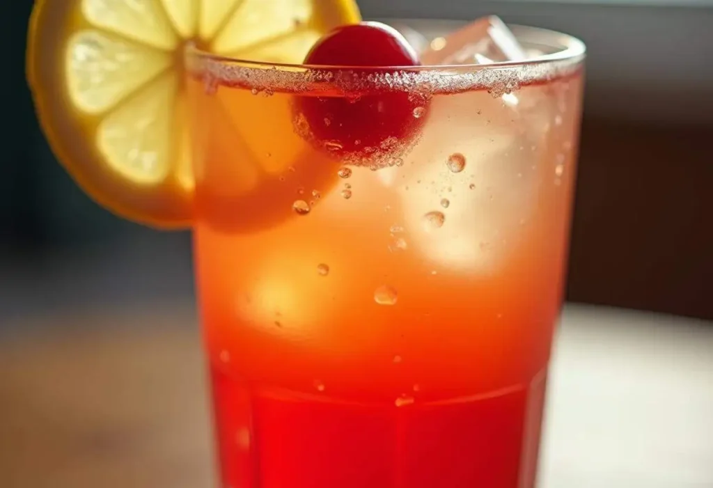 Monaco drink served in a tall glass with layers of light beer, lemonade, and grenadine syrup, garnished with a lemon slice and cherry, perfect as a refreshing low-alcohol option for any occasion.