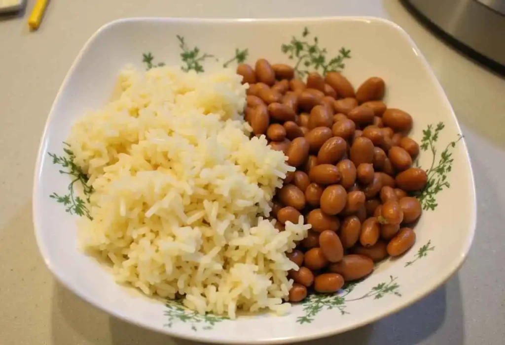 A hearty bowl of rice and beans topped with shredded cheese and fresh salsa