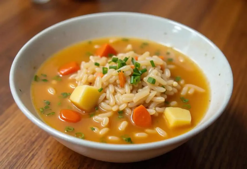 A comforting bowl of rice soup with vegetables and herbs, served hot and garnished with fresh parsley.