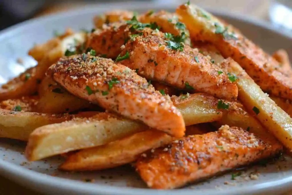 Air frying method for crispy salmon fries in an air fryer basket.
