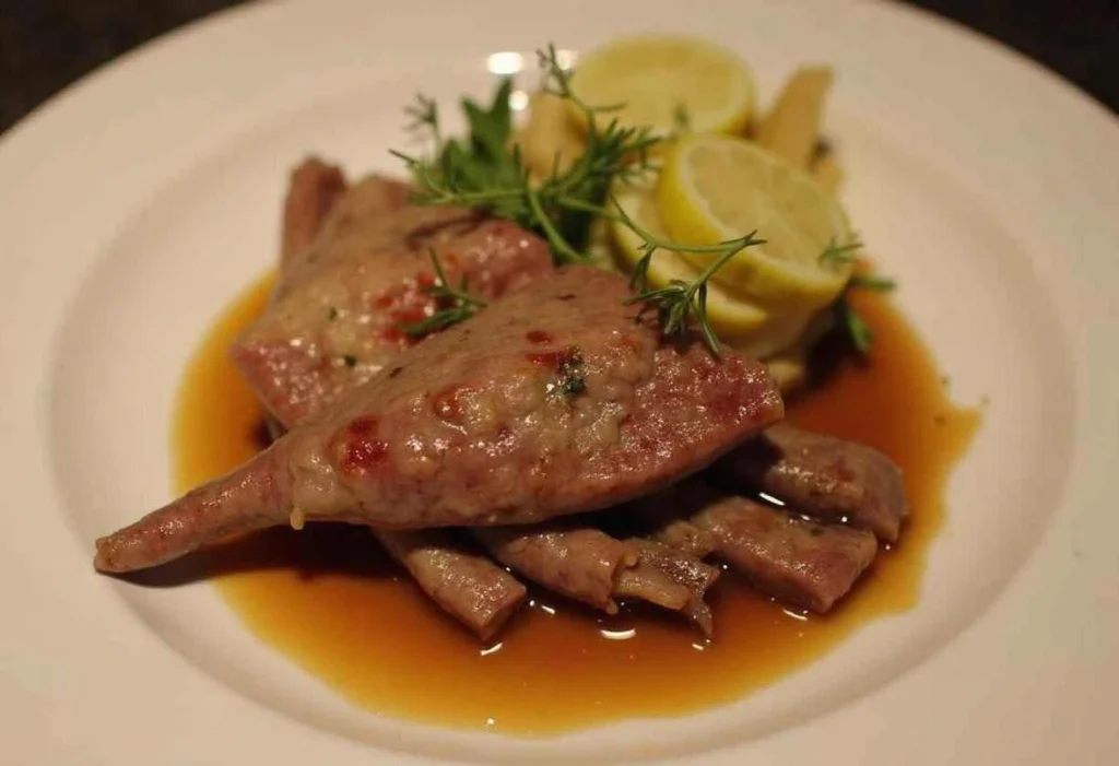 Grilled sandhill crane meat with fresh herbs, served with a side of vegetables.