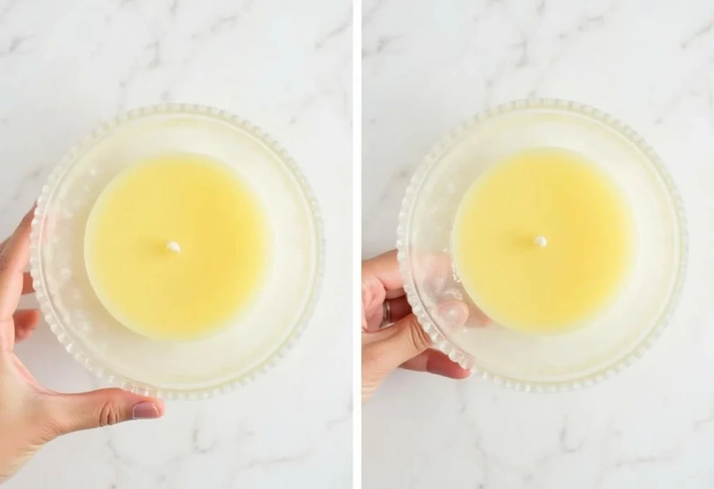 Visual guide showcasing the steps of a butter candle recipe, featuring melted butter, essential oils, and finished candles in molds.