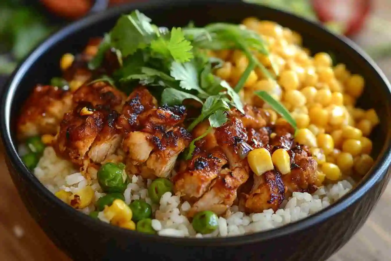 Street Corn Chicken Rice Bowl with grilled chicken, elote, and fluffy rice.