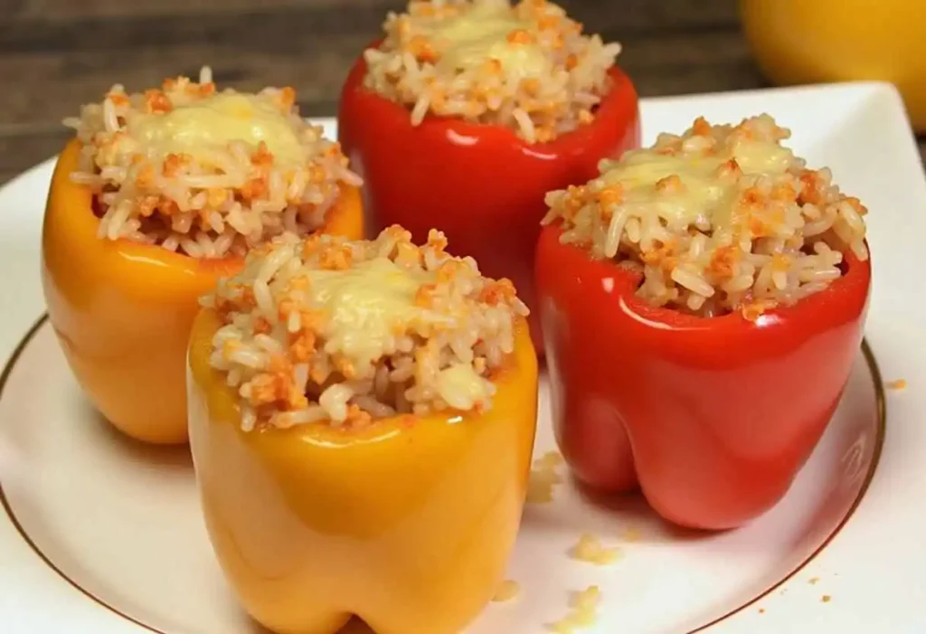 Colorful stuffed bell peppers filled with seasoned rice, ground meat, and tomato sauce, baked to perfection.